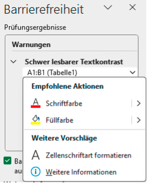 Barrierefreiheits-Prüfergebnis mit Warnung Schwer lesbarer Textkontrast. Die empfohlenen Aktionen zu Schriftfarbe und Füllfarbe sowie weitere Vorschläge sind ausgeklappt.