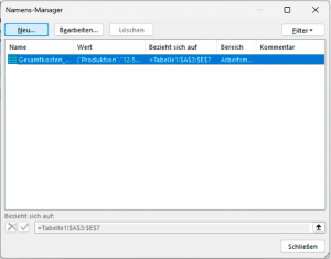 Namens-Manager mit ausgewähltem Button Neu