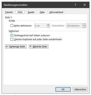 Tabelleneigenschaften Dialog. Im Reiter Zeile kann Gleiche Kopfzeile auf jeder Seite wiederholen ausgewählt werden.