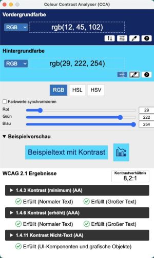 Positives Kontrastprüfergebnis im Colour Contrast Analyser. Das Kontrastverhältnis zwischen Vordergrundfarbe Dunkelblau und Hintergrundfarbe Hellblau beträgt 8,2:1. Die detaillierten WCAG 2.1 Ergebnisse zeigen an, dass die Kriterien 1.4.3 Kontrast (Minimum) AA und 1.4.6 Kontrast (erhöht) AAA für normalen und großen Text erfüllt sind. Auch 1.4.11 Kontrast Nicht-Text AA für UI-Komponenten und grafische Objekte ist erfüllt.