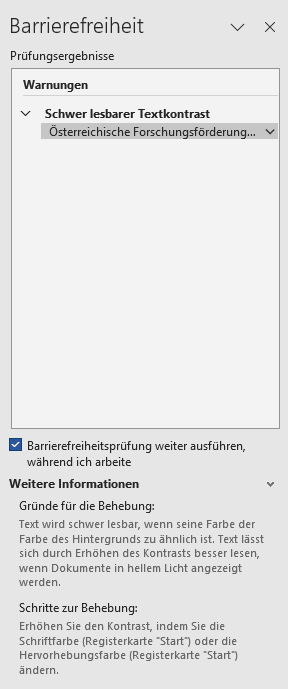 Barrierefreiheitsüberprüfung mit einer beispielhaften Warnung Schwer lesbarer Textkontrast. Unter Weitere Informationen ist erklärt, warum und wie das behoben werden kann.