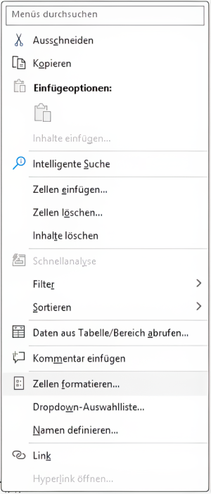 Kontextmenü mit dem ausgewählten Menüpunkt Zellen formatieren...