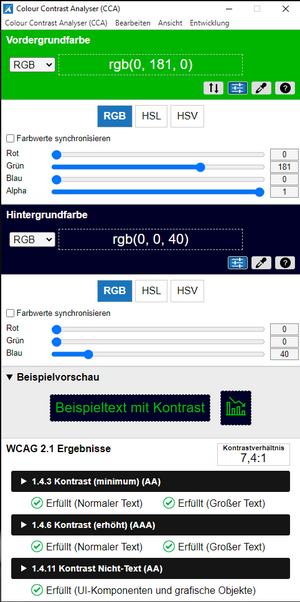Positives Prüfergebnis im CCA: Kontrastmessung zwischen Grün und Dunkelblau ergibt ein Kontrastverhältnis von 7,4:1. Für großen und für normalen Text ausreichend, auch für Nicht-Text-Elemente (UI-Komponenten und grafische Objekte).