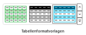 Drei verschiedene Tabellenformatvorlagen unter der Registerkarte Tabellenentwurf.