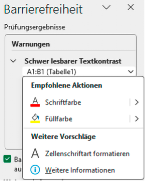 Barrierefreiheits-Prüfergebnis mit Warnung Schwer lesbarer Textkontrast. Die empfohlenen Aktionen zu Schriftfarbe und Füllfarbe sowie weitere Vorschläge sind ausgeklappt.