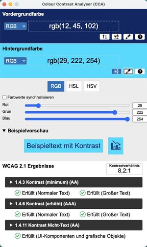 Positives Kontrastprüfergebnis im Colour Contrast Analyser. Das Kontrastverhältnis zwischen Vordergrundfarbe Dunkelblau und Hintergrundfarbe Hellblau beträgt 8,2:1. Die detaillierten WCAG 2.1 Ergebnisse zeigen an, dass die Kriterien 1.4.3 Kontrast (Minimum) AA und 1.4.6 Kontrast (erhöht) AAA für normalen und großen Text erfüllt sind. Auch 1.4.11 Kontrast Nicht-Text AA für UI-Komponenten und grafische Objekte ist erfüllt.