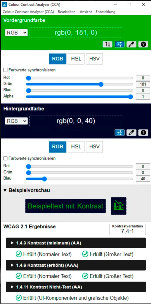 Positives Prüfergebnis im CCA: Kontrastmessung zwischen Grün und Dunkelblau ergibt ein Kontrastverhältnis von 7,4:1. Für großen und für normalen Text ausreichend, auch für Nicht-Text-Elemente (UI-Komponenten und grafische Objekte).