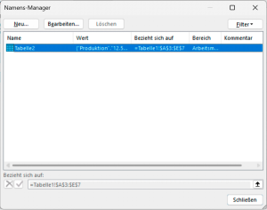 Geöffneter Namens-Manager mit einer Liste in der eine Tabelle aufgelistet ist.