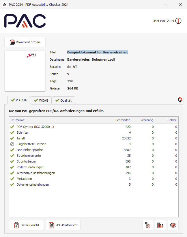 Fenster-Ansicht im PAC einer positiven Prüfung eines PDF-Dokuments. Bei den einzelnen geprüften Kriterien sind grüne Häkchen sichtbar. Die drei Reiter PDF/UA, WCAG und Qualität sind alle mit einem grünen Häckchen gekennzeichnet.