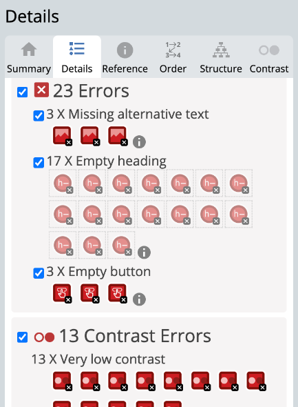 Detailansicht eines beispielhaften Evaluierungsberichts aus der Prüfung  mit dem Web Accessibility Evaluation Tool (WAVE). Es werden unterschiedliche Fehler (Errors und Contrast Errors) einer Website im Detail angezeigt.