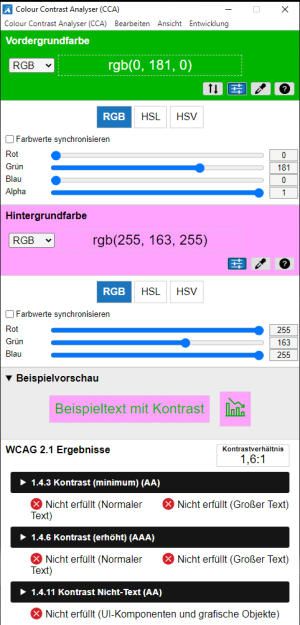 Negatives Prüfergebnis im CCA: Kontrastmessung zwischen Grün und Pink ergibt ein Kontrastverhältnis von 1,6:1. Weder für großen noch für normalen Text ausreichend, auch nicht für Nicht-Text-Elemente (UI-Komponenten und grafische Objekte).