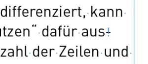 Ausschnitt eines Textblocks. Eine Worttrennung ist mit einem bedingten Trennstich durchgeführt. Die verborgenen Zeichen sind eingeblendet und zeigen eine senkrechte Markierung beim Trennstrich.