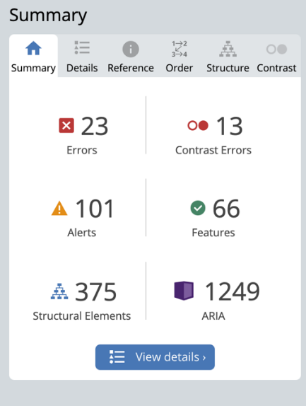 Zusammenfassung eines beispielhaften Evaluierungsberichts aus der Prüfung mit dem Web Accessibility Evaluation Tool (WAVE).  Darin werden unterschiedliche Fehlerkategorien einer Website angezeigt. Außerdem ist die Anzahl an Alerts, Features, Structural Elements und ARIA angegeben.