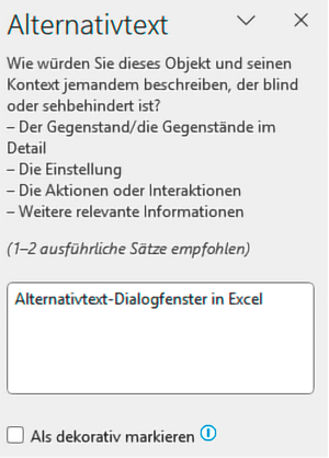 Alternativtext-Dialogfenster mit der Beschreibung: Wie würden Sie dieses Objekt und seinen Kontext jemandem beschreiben der blind oder sehbehindert ist? Der Gegenstand/die Gegenstände im Detail; Die Einstellung; Die Aktionen oder Interaktionen; Weitere re