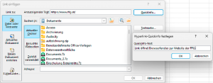 Funktion Link einfügen in Excel. Das Fenster Hyperlink-Quickinfo festlegen ist geöffnet.