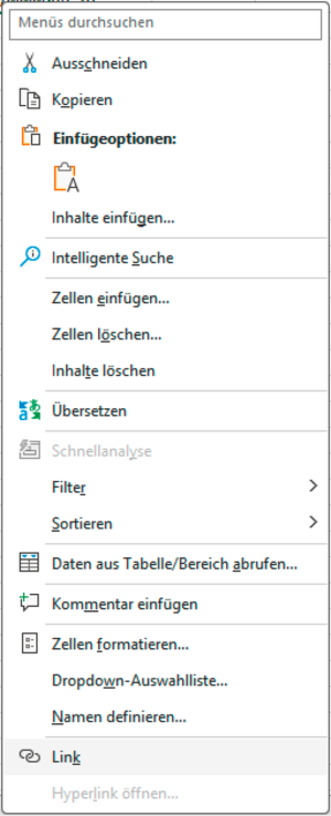 Kontextmenü mit ausgewähltem Menüpunkt Link