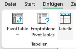 Registerkarte Einfügen ausgewählt im Excel-Menü. Dort ersichtlich ist der Button zum Erstellen einer Tabelle.