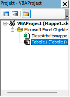 VBAProject Dialogfeld Screenshot mit Baumstrukturansicht der Elemente des Projects.