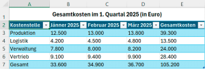 Beispieltabelle mit den Spalten Kostenstelle (Produktion, Logistik, Verwaltung, Vertrieb und Gesamt) und den jeweiligen Kosten für Jänner 2025, Februar 2025, März 2025 und Gesamtkosten.