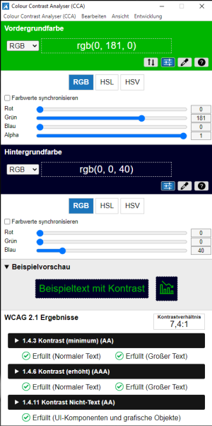 Positives Prüfergebnis im CCA: Kontrastmessung zwischen Grün und Dunkelblau ergibt ein Kontrastverhältnis von 7,4:1. Für großen und für normalen Text ausreichend, auch für Nicht-Text-Elemente (UI-Komponenten und grafische Objekte).