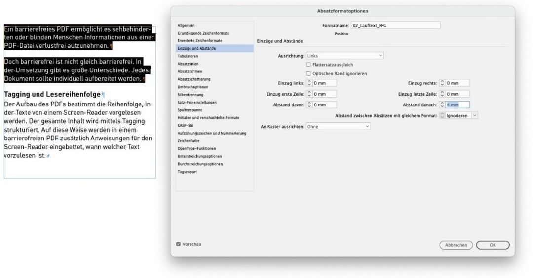 Dokument-Ausschnitt aus InDesign. Links ist ein Textblock mit mehreren Absätzen. Zwischen den Absätzen befindet sich keine Leerzeile, jedoch ein Abstand. Das Fenster Absatzformatoptionen ist geöffnet. Links im Fenster wurde der Punkt Einzüge und Abstände ausgewählt. In den Eingabefeldern dazu können Millimeter-Werte eingegeben werden z. B. für Abstand danach.