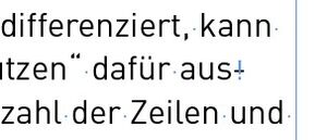 Ausschnitt eines Textblocks. Eine Worttrennung ist mit einem bedingten Trennstich durchgeführt. Die verborgenen Zeichen sind eingeblendet und zeigen eine senkrechte Markierung beim Trennstrich.