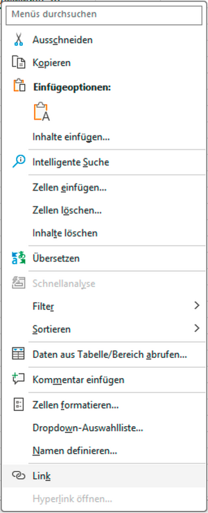 Kontextmenü mit ausgewähltem Menüpunkt Link