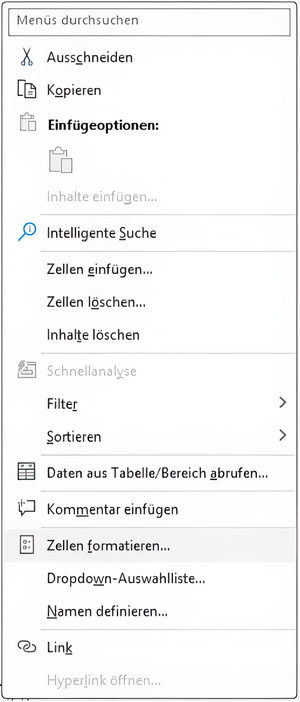 Kontextmenü mit dem ausgewählten Menüpunkt Zellen formatieren...