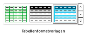 Drei verschiedene Tabellenformatvorlagen unter der Registerkarte Tabellenentwurf.