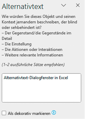Alternativtext-Dialogfenster mit der Beschreibung: Wie würden Sie dieses Objekt und seinen Kontext jemandem beschreiben der blind oder sehbehindert ist? Der Gegenstand/die Gegenstände im Detail; Die Einstellung; Die Aktionen oder Interaktionen; Weitere re
