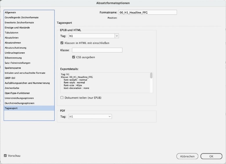 Das Adobe InDesign-Fenster Absatzformatoptionen. In der Spalte links unten ist Tagexport ausgewählt. Unter Tagexport ist der Tag h1 vergeben.