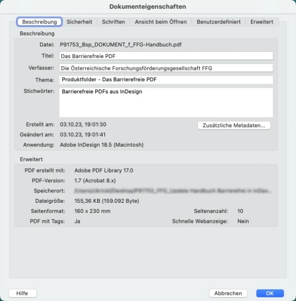 Adobe Acrobat Pro-Fenster Dokumenteigenschaften. Unter dem Reiter Beschreibungen sind ausgefüllte Textfelder mit Infos zu Titel, Verfasser, Thema, Stichwörter sichtbar. Ganz unten findet sich der Vermerk PDF mit Tags: Ja.