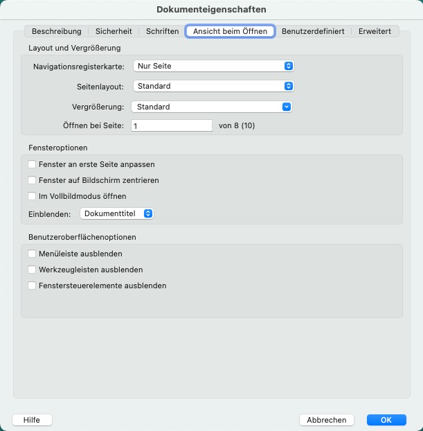 Adobe Acrobat Pro-Fenster Dokumenteigenschaften. Unter dem Reiter Ansicht beim Öffnen ist unter Einblenden der Dokumenttitel ausgewählt.