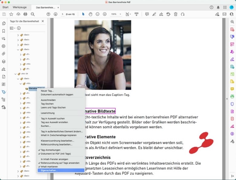 Ausgewählter Text in einem PDF-Dokument, er ist rosa umrandet. Im Strukturbaum ist der zugehörige Tag hervorgehoben. Über das Pop-up-Menü können die Eigenschaften bearbeitet werden.