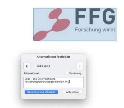 Teilbereich eines PDF-Dokuments sowie ein Fenster des Submenüs Alternativtext festlegen. Im Dokument-Ausschnitt ist ein Logo ausgewählt, für welches über das Submenü ein Alternativtext neu angegeben wird.