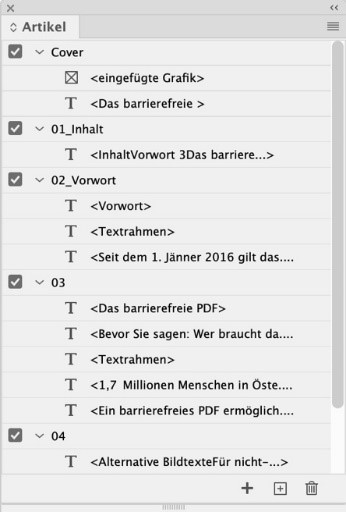 Artikel-Palette in InDesign mit den verschiedenen Artikeln und den zugewiesenen Bild- bzw. Textrahmen.