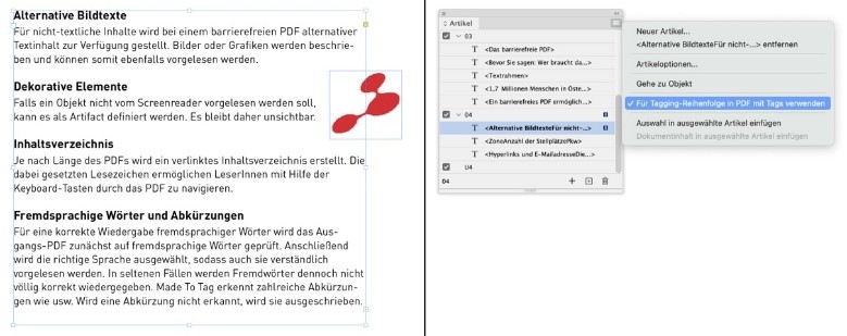 Ausschnitt eines InDesign-Dokuments mit ausgewähltem Textblock. Daneben ist die Artikel-Palette mitsamt dem Flyout-Menü sichtbar.