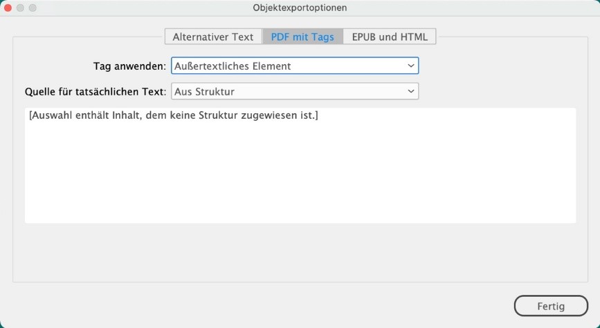 Fenster Objektexportoptionen, indem das Anwenden eines Tags für ein rein gestalterisches Element als Außertextliches Element gezeigt wird.