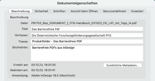 Fenster Dokumenteigenschaften in Adobe Acrobat Pro. Im Reiter Beschreibung können in Textfeldern Informationen zu Titel, Verfasser, Thema und Stichwörter eingetragen werden.