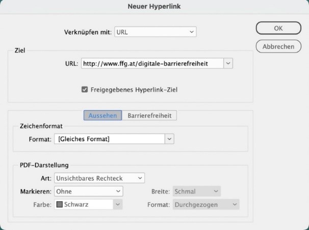 Hyperlink-Fenster in InDesign zur Definition von Verlinkungen mit Web-Adressen oder E-Mail-Adressen.