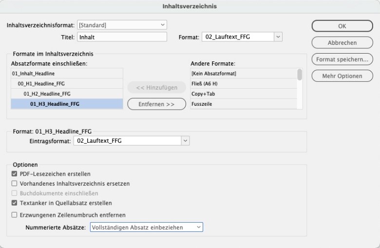 Fenster-Ansicht Inhaltsverzeichnis in InDesign. Formate im Inhaltsverzeichnis werden angezeigt und können zugewiesen werden. Bei den Optionen sind die Punkte PDF-Lesezeichen erstellen sowie Textanker in Quellabsatz erstellen aktiviert.