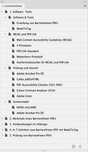 Lesezeichen-Palette in InDesign. Es gibt zahlreiche nummerierte Einträge mit untergeordneten Ebenen zum Aufklappen.