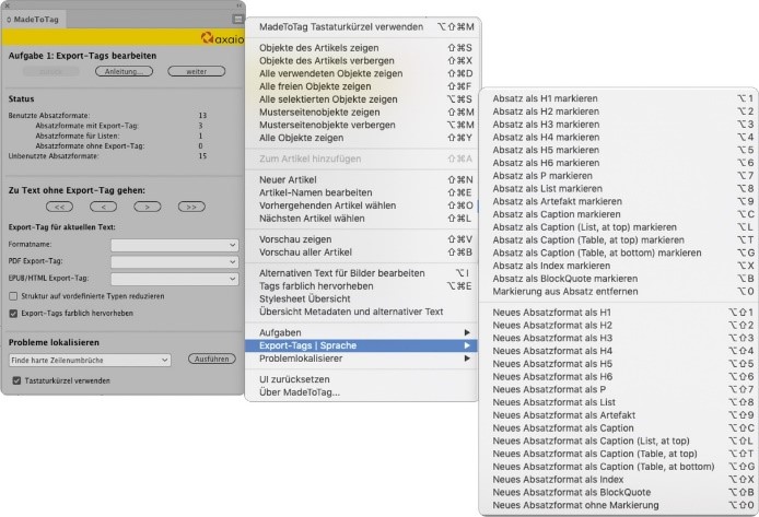 Zu sehen ist die Aufgabe 1 in MadeToTag Export-Tags bearbeiten. Die Flyout-Menüs zeigen die Funktionen Export-Tags farblich hervorheben und Tastenkürzel verwenden.