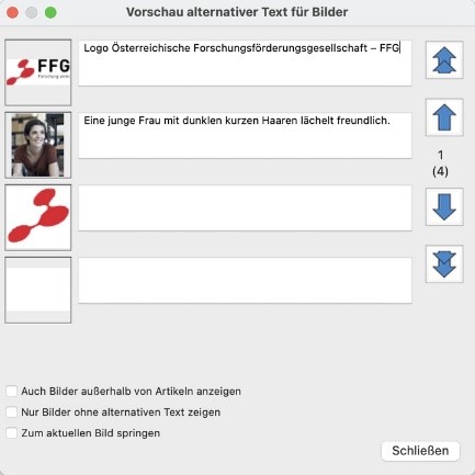Fenster mit Vorschau alternativer Text für Bilder. Es sind alle Bilder, die im Dokument enthalten sind, abgebildet. Zu jedem Bild gibt es ein Feld, in das Alternativtexte eingetragen werden können.