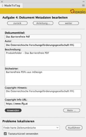 Aufgabe 4 in MadeToTag Dokument-Metadaten bearbeiten. In Textfeldern kann die Information zu Dokumenttitel, Autorin oder Autor, Beschreibung, Stichwörtern sowie Copyrights eingetragen werden. Unter den Textfeldern ist der Anwenden-Button.