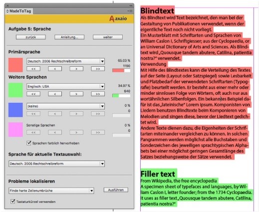 Aufgabe 5 in MadeToTag Sprache. Hier kann die Sprache eingestellt werden. Jede vorhandene Sprache wird farbig hinterlegt. Rechts ist ein Ausschnitt aus einem InDesign-Dokument mit zwei Textblöcken sichtbar – einer in deutscher Sprache, rot hinterlegt, der zweite in englischer Sprache, grün hinterlegt.