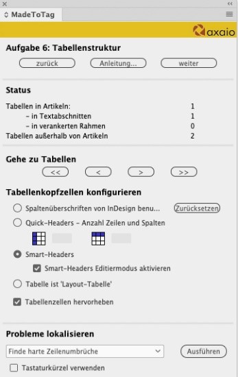 Aufgabe 6 in MadeToTag Tabellenstruktur. Im Bereich Tabellenkopfzeile konfigurieren ist der Punkt Smart-Headers aktiviert. Darunter sind Smart-Headers-Editiermodus aktivieren sowie Tabellenzellen hervorheben aktiviert.