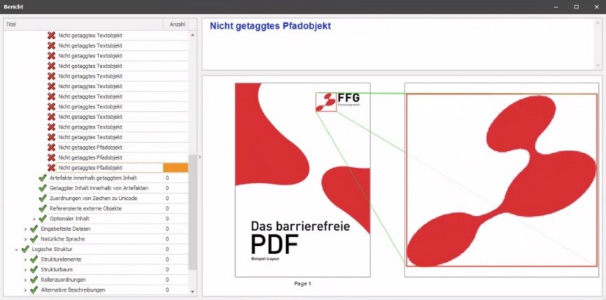 PAC-Detail-Bericht, der den Fehler Nicht getaggtes Pfadobjekt anzeigt und im fehlerhaften PDF-Dokument lokalisiert.