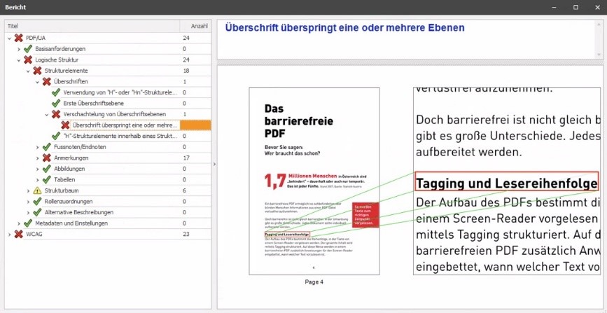 PAC-Detail-Bericht, der den Fehler Überschrift überspringt eine oder mehrere Ebenen anzeigt und im fehlerhaften PDF-Dokument lokalisiert.