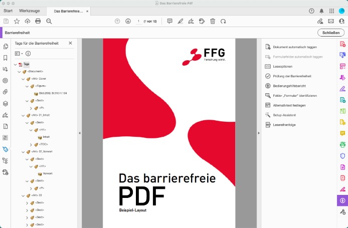 Geöffnetes PDF-Dokument. In der Symbolleiste ist das Symbol für Tags ausgewählt und die Spalte mit den sichtbaren Tags (Tagbaum) ausgeklappt. In der Werkzeugleiste ist Barrierefreiheit ausgewählt.